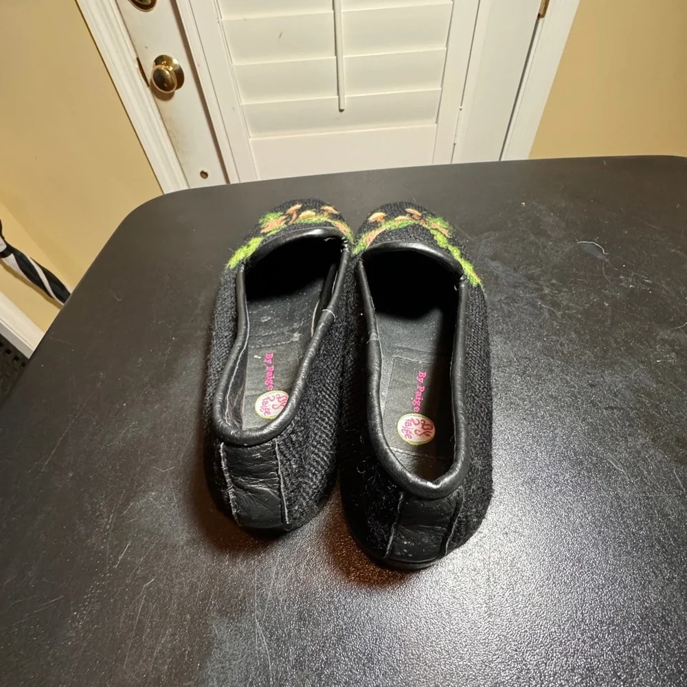 By Paige size 7 hand stitched black wool needlepoint leather loafers